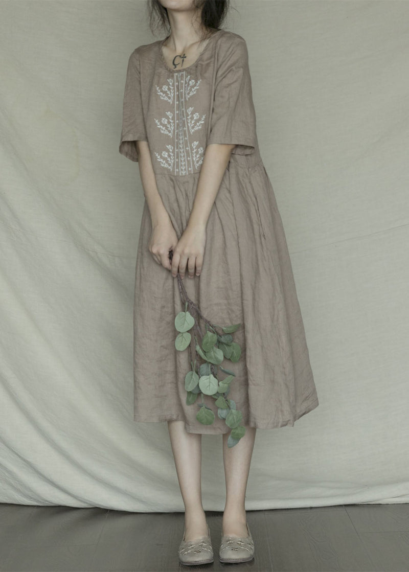 Green Embroideried Linen Dress Short Sleeve