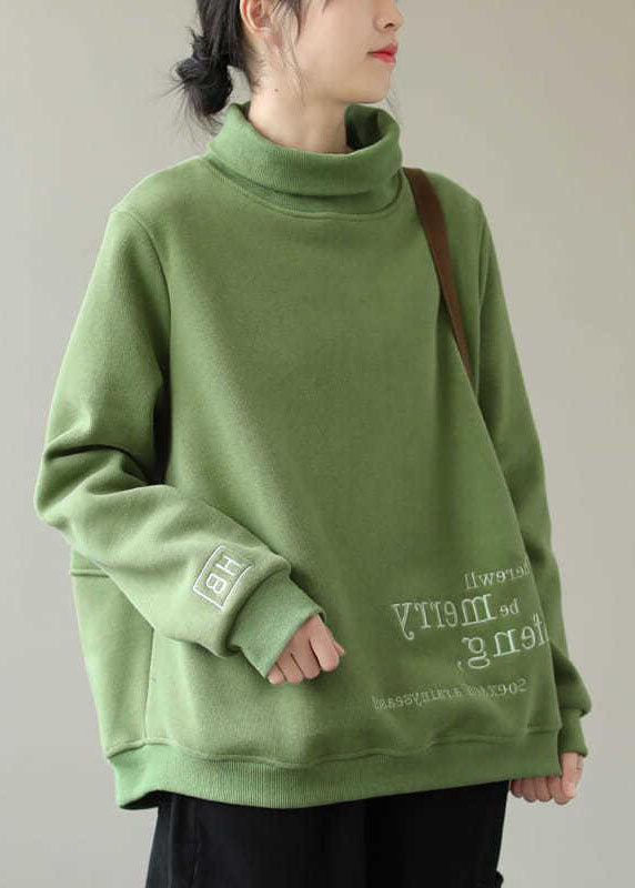 Green Embroideried Turtle Neck Warm Fleece Sweatshirts Top Winter