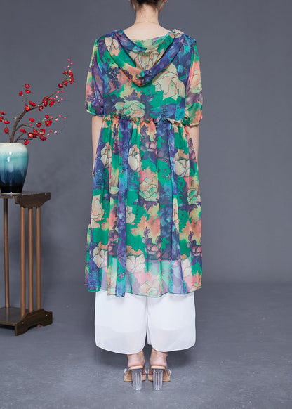 Green Hooded Ruffled Print Chiffon Dress Summer