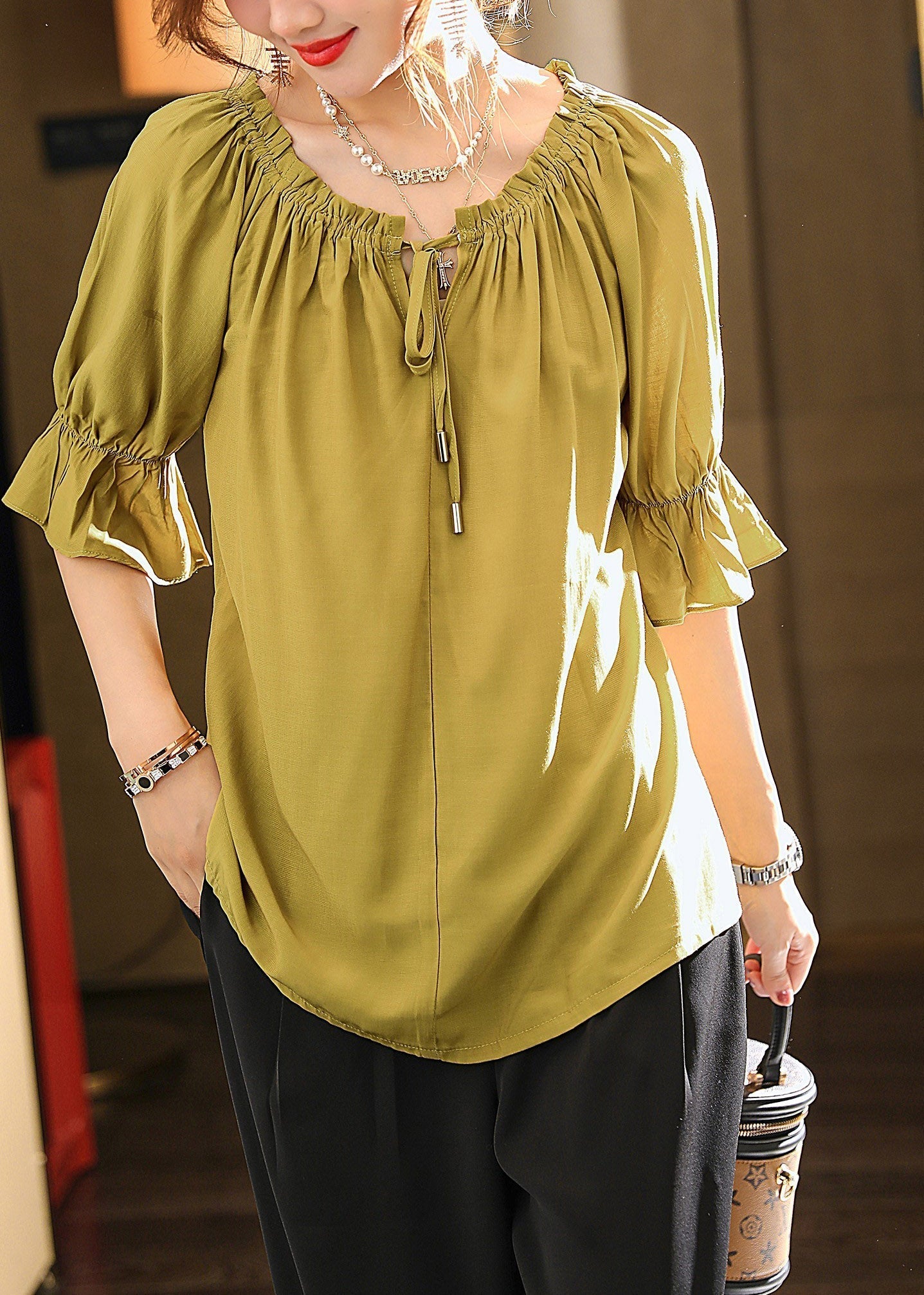 Green O-neck Drawstring Top Summer