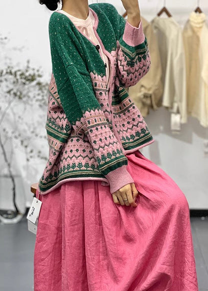 Green O Neck Embroidered Button Knit Cardigans Fall