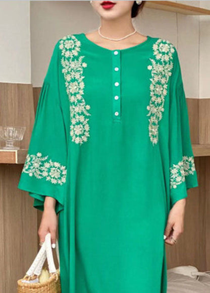 Green O-neck Embroideried Cotton Dress Flare Sleeve