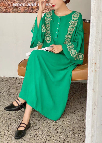 Green O-neck Embroideried Cotton Dress Flare Sleeve
