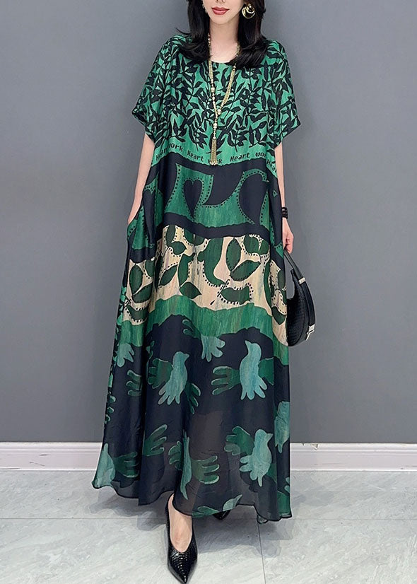 Black Cashew Nuts O Neck Pockets Print Patchwork Silk Long Dresses Summer