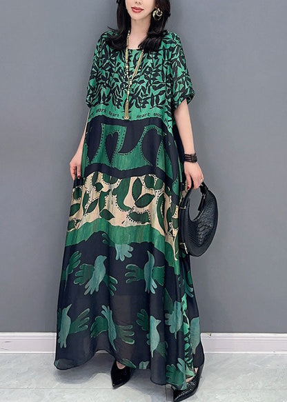 Black Cashew Nuts O Neck Pockets Print Patchwork Silk Long Dresses Summer