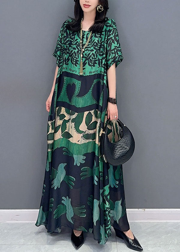 Brown Geometry O Neck Pockets Print Patchwork Silk Long Dresses Summer