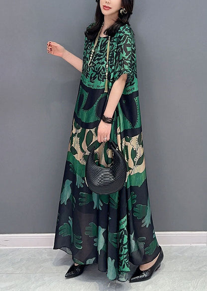 Black Texture O Neck Pockets Print Patchwork Silk Long Dresses Summer