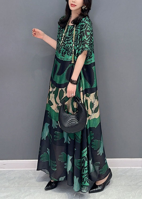 Brown Geometry O Neck Pockets Print Patchwork Silk Long Dresses Summer