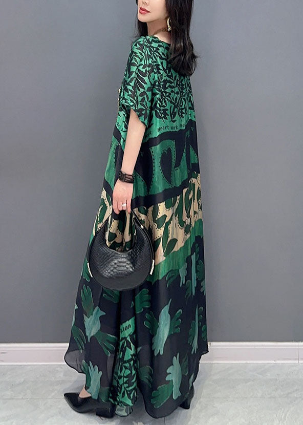 Brown Geometry O Neck Pockets Print Patchwork Silk Long Dresses Summer