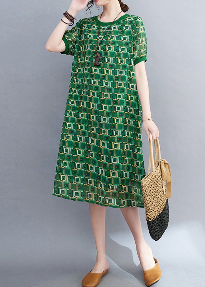 Green O-neck Print Chiffon Beach Dresses Summer