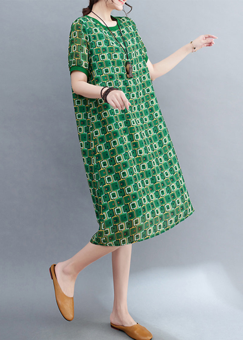 Green O-neck Print Chiffon Beach Dresses Summer