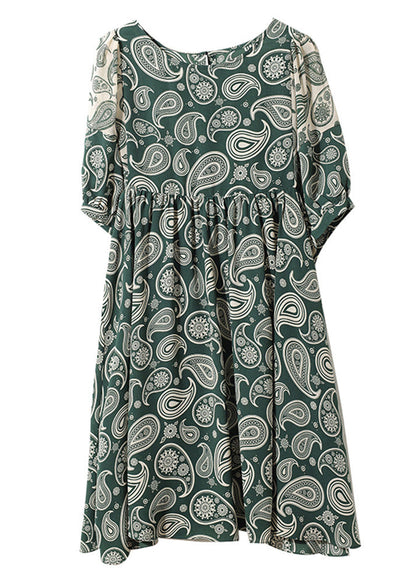 Green O-neck Print Chiffon Mid Dress Summer
