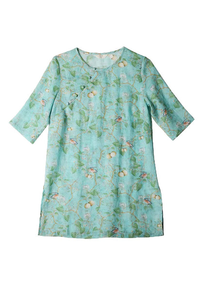 Green O Neck Print Linen Shirt Top Bracelet Sleeve