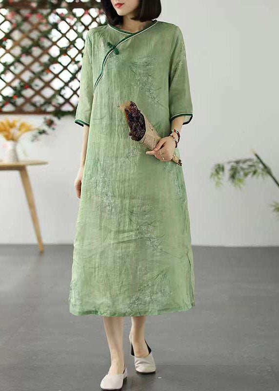 Green O Neck Print Patchwork Linen Dresses Summer