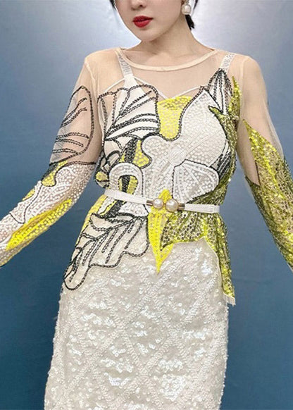 Bohemian Green O-Neck Print Sequins Thin Top Spring