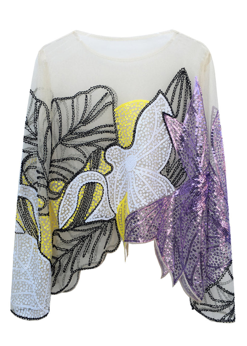 Green O-neck Print Sequins Thin Top Spring