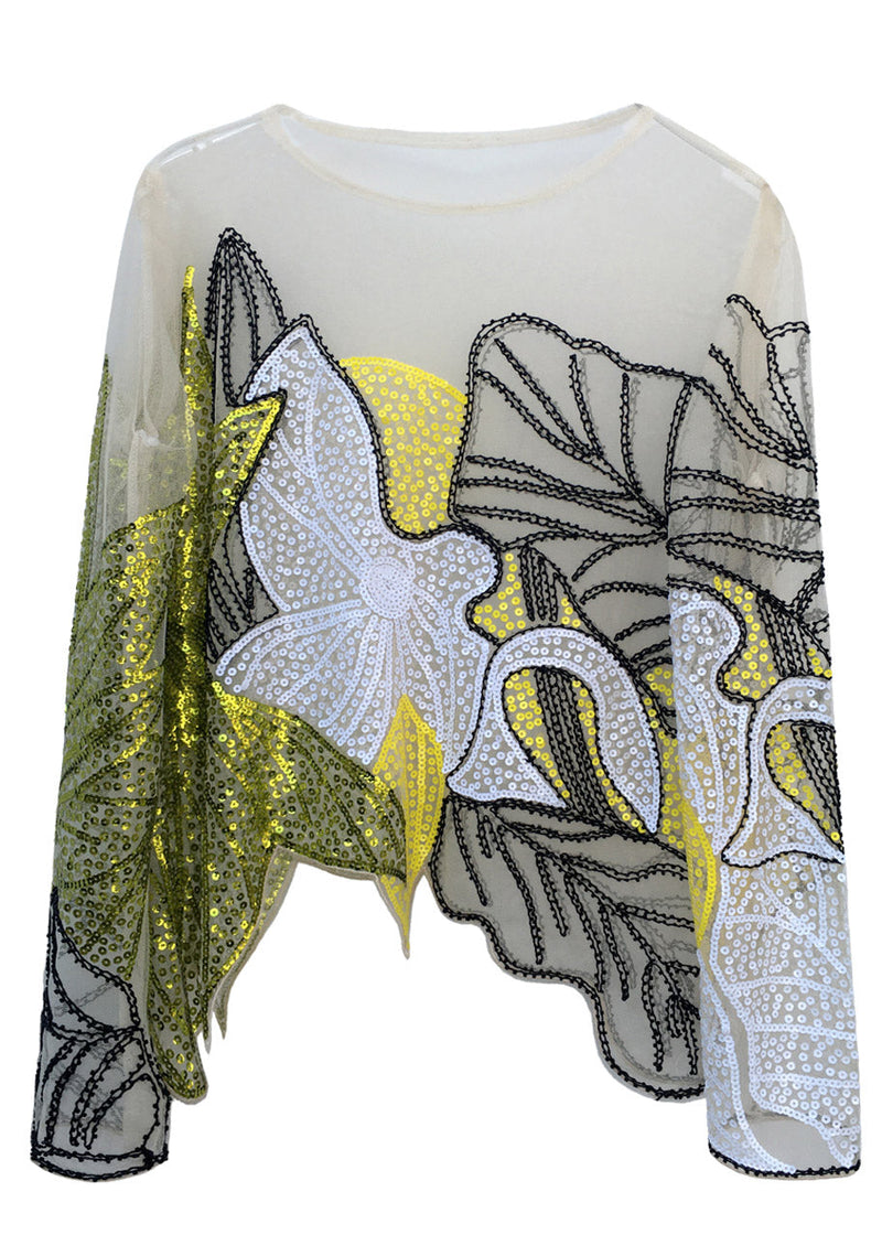 Green O-neck Print Sequins Thin Top Spring