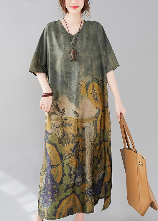 Green O-neck Print Side Open Long Dress Short Sleeve