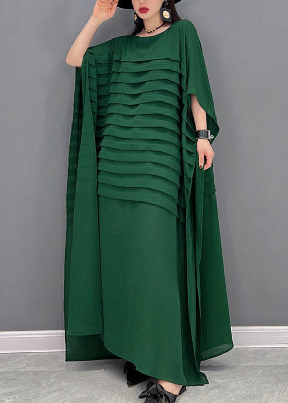 Yellow O-neck Striped Chiffon Ankle Dress Batwing Sleeve