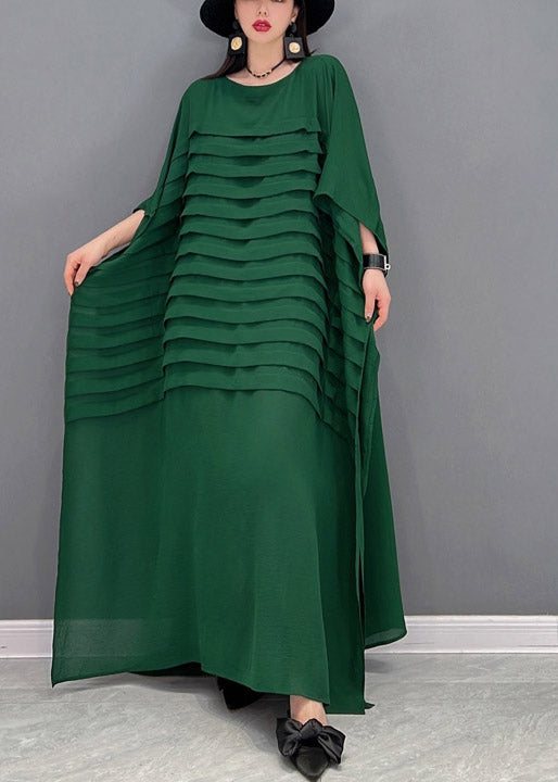 Grace Green O-neck Striped Chiffon Ankle Dress Batwing Sleeve