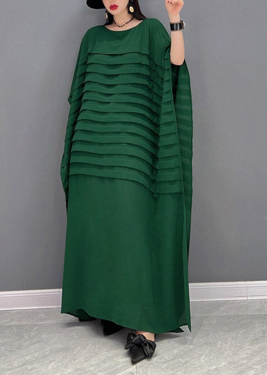 Yellow O-neck Striped Chiffon Ankle Dress Batwing Sleeve