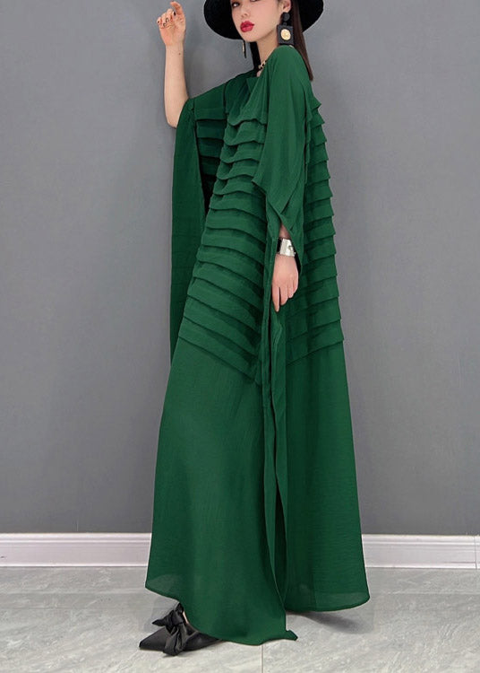 Yellow O-neck Striped Chiffon Ankle Dress Batwing Sleeve