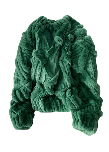 Green O-neck Thick Cable Knit Sweater Fall