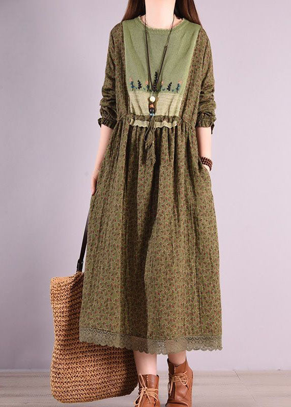 Green O Neck Wrinkled Print Patchwork Linen Long Dress Spring