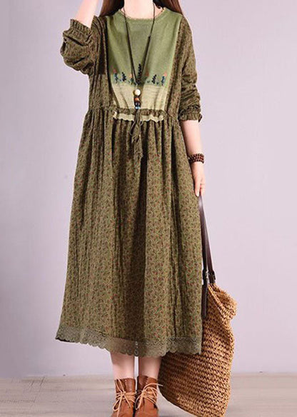 Green O Neck Wrinkled Print Patchwork Linen Long Dress Spring