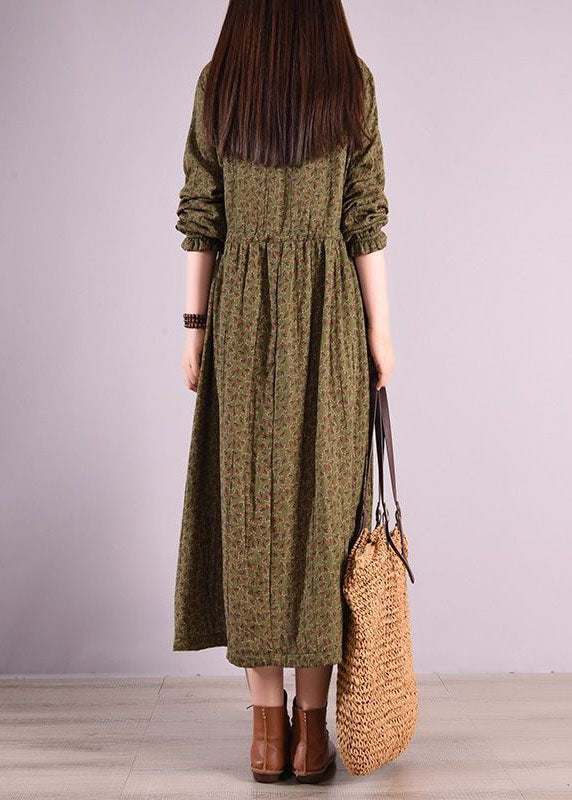 Green O Neck Wrinkled Print Patchwork Linen Long Dress Spring