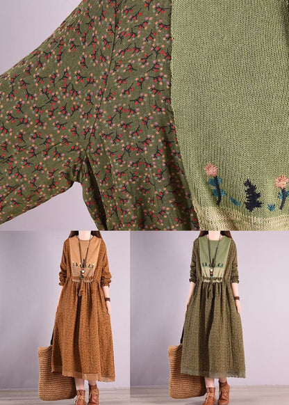Green O Neck Wrinkled Print Patchwork Linen Long Dress Spring