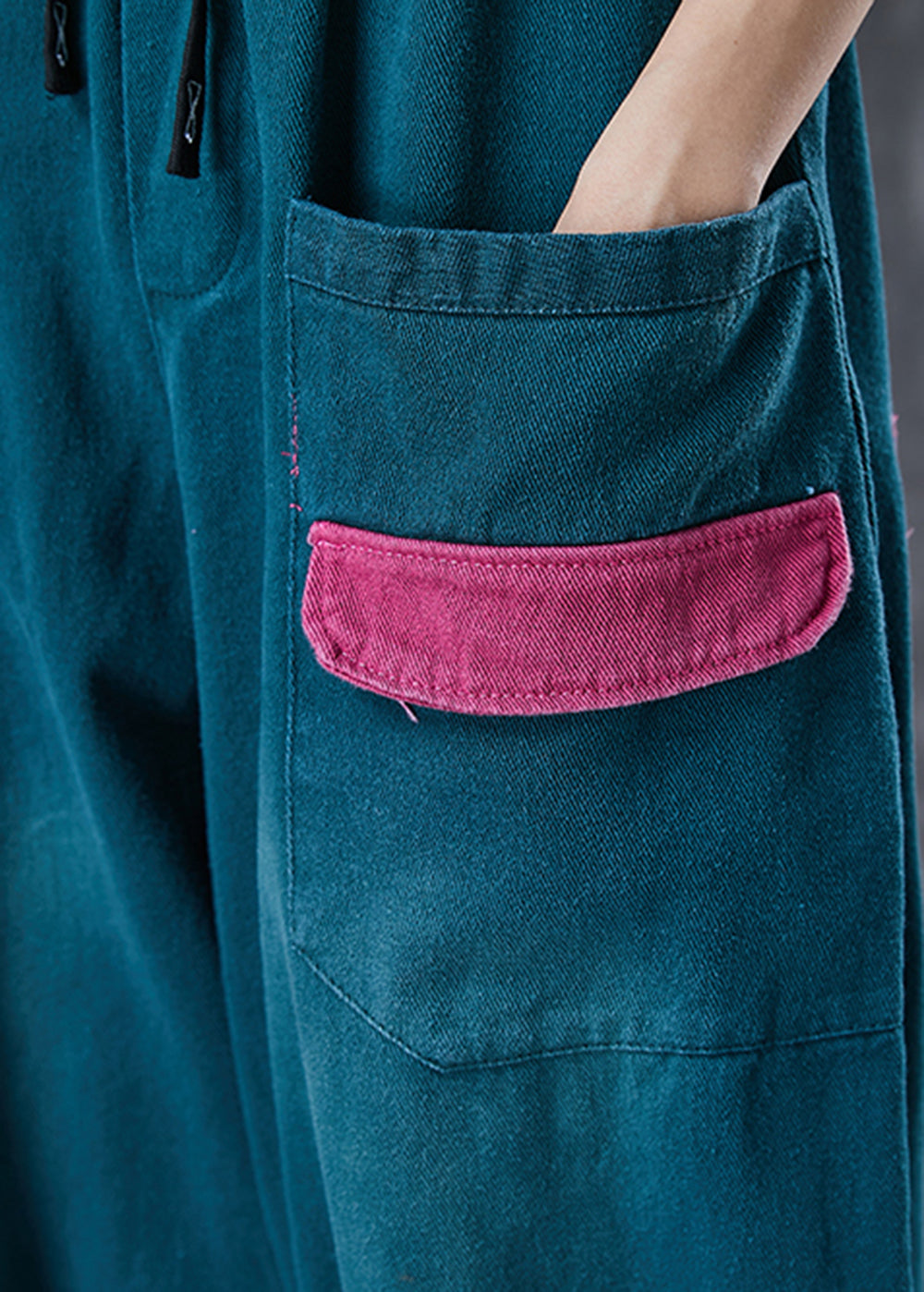 Green Oversized Patchwork Pockets Cotton Harem Pants Spring