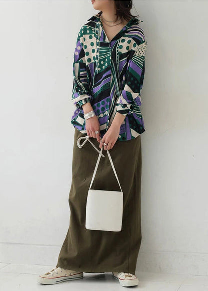Bohemian Green Oversized Print Chiffon Shirt Top Fall