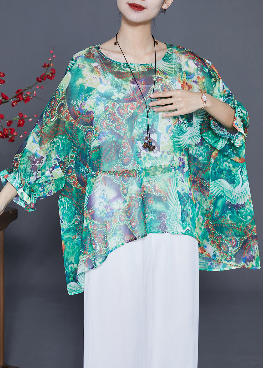 Green Oversized Print Silk Tops Batwing Sleeve