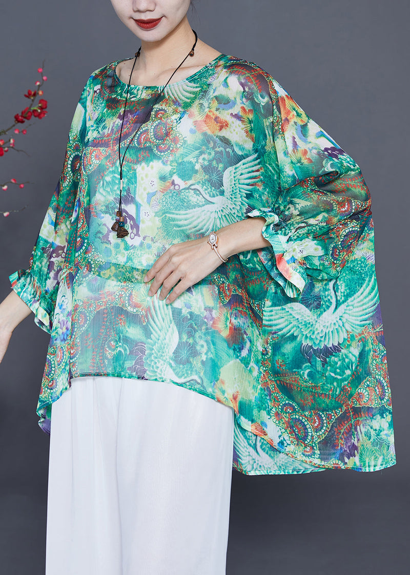 Green Oversized Print Silk Tops Batwing Sleeve