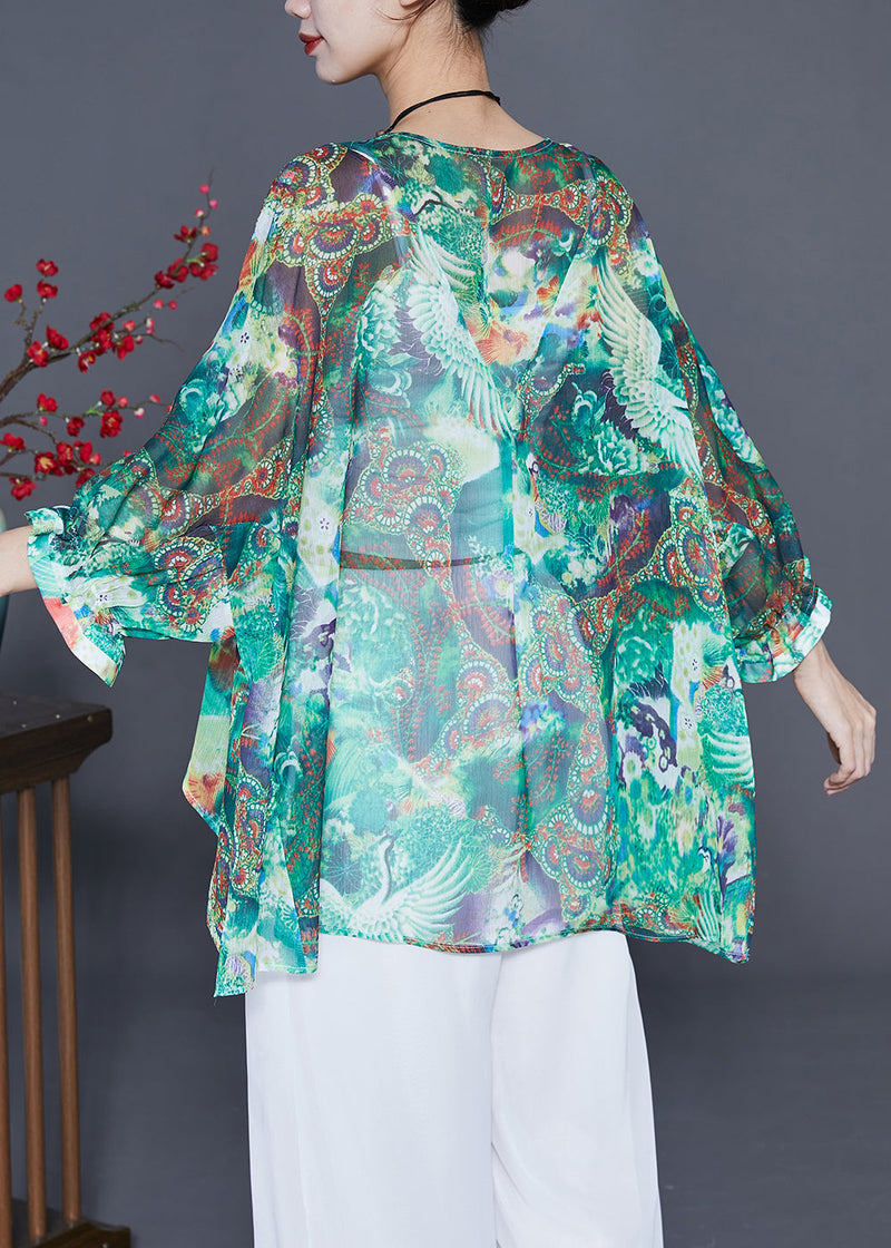 Green Oversized Print Silk Tops Batwing Sleeve