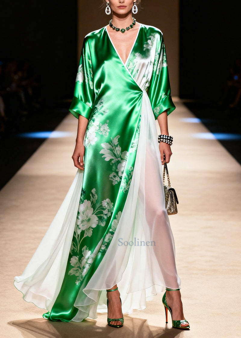 Green Patchwork Exra Large Hem Silk Vacation Dresses Summer