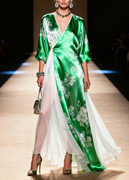 Green Patchwork Exra Large Hem Silk Vacation Dresses Summer