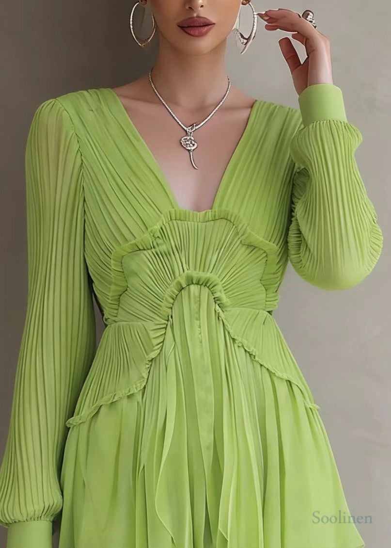 Green Patchwork Wrinkled Mid Dresses Lantern Sleeve