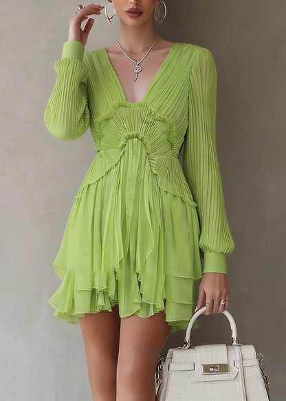 Green Patchwork Wrinkled Mid Dresses Lantern Sleeve