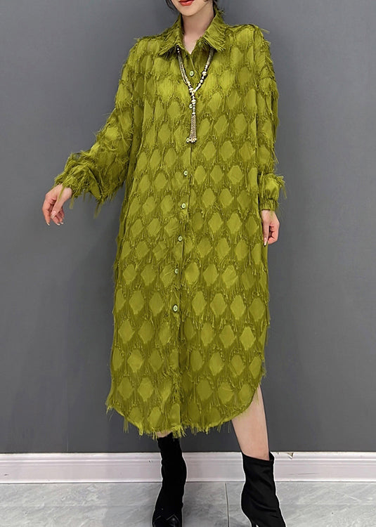 Green Peter Pan Collar Tasseled Maxi Dresses Fall