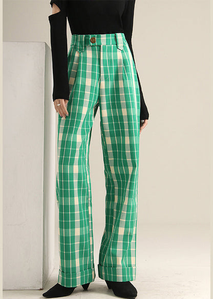 Green Plaid High Waist Straight Pants Spring