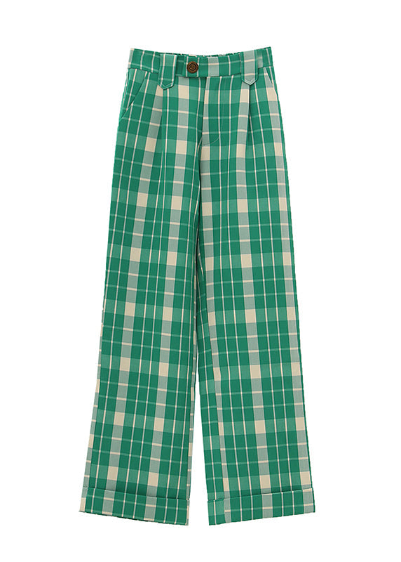 Green Plaid High Waist Straight Pants Spring