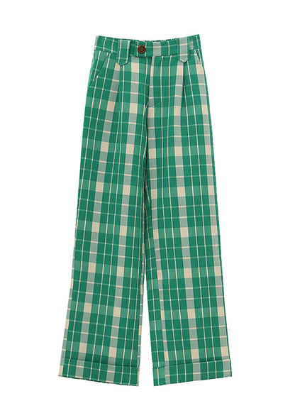 Green Plaid High Waist Straight Pants Spring