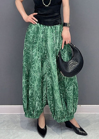 Green Pockets Print Patchwork Cotton Harem Pants Summer