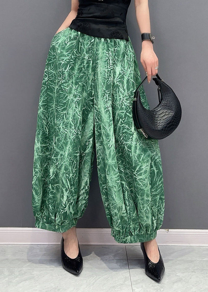Green Pockets Print Patchwork Cotton Harem Pants Summer