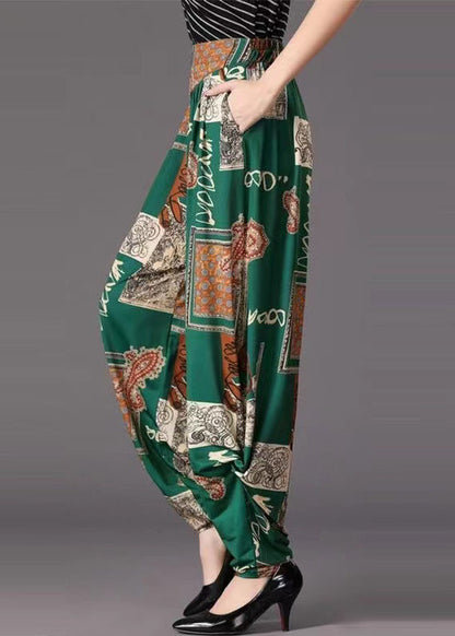 Green Pockets Wrinkled Print Cotton Pants Fall