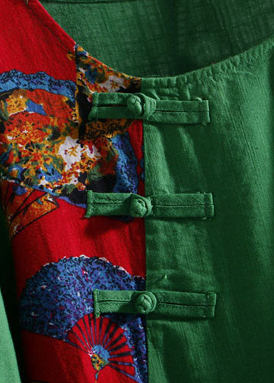 Green Print Asymmetrical Button Patchwork Cotton Top Long Sleeve
