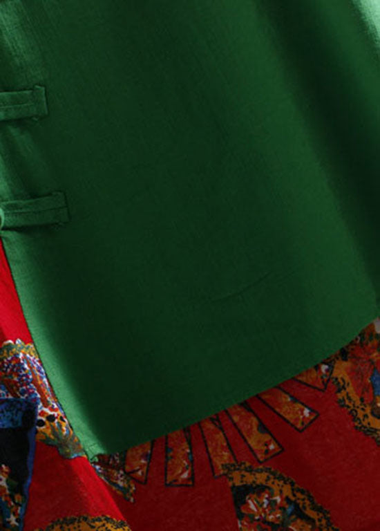 Green Print Asymmetrical Button Patchwork Cotton Top Long Sleeve
