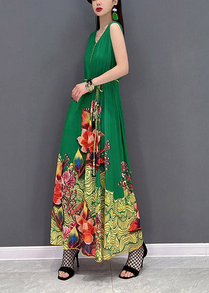 Green Print Chiffon Long Vacation Dresses Summer